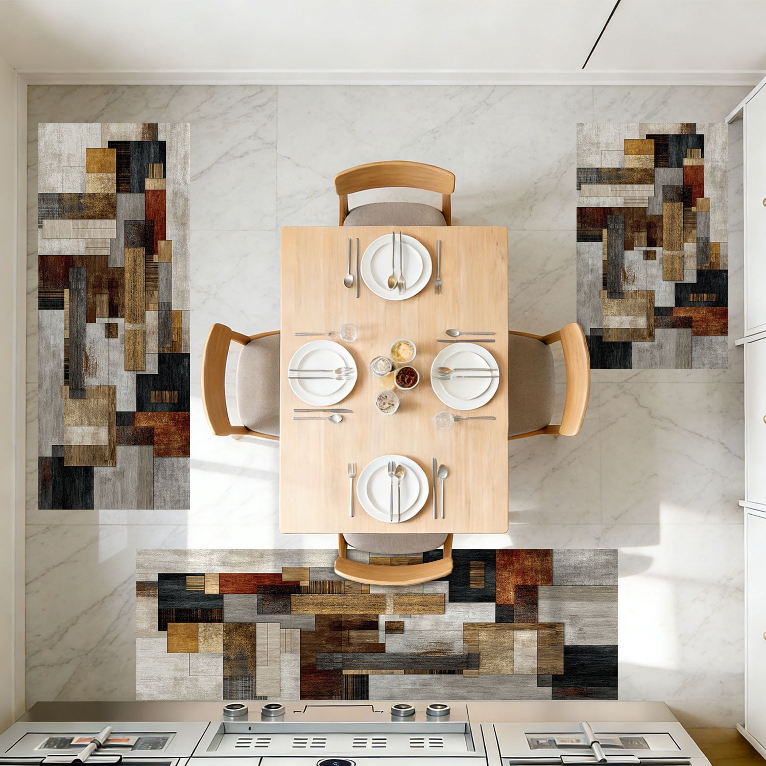 3 Piece Kitchen Rug Set, Non-Slip And Washable, Abstract Pattern Kitchen Hallway Rug, Soft And Comfortable, Suitable For Sinks, Floors, Entrances, Hallways and Bathrooms