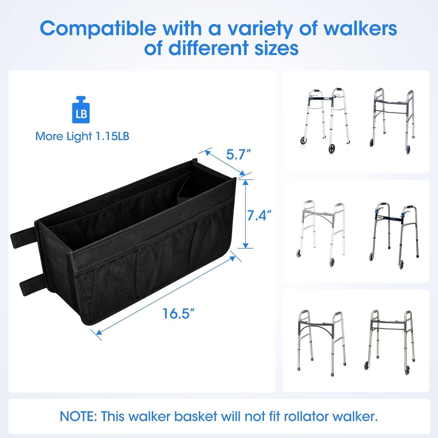 Upgraded Walker Basket with Cup Holder, Foldable Walker Bag with Large Capacity & Never Tipping Over- Not Fit for Rollator