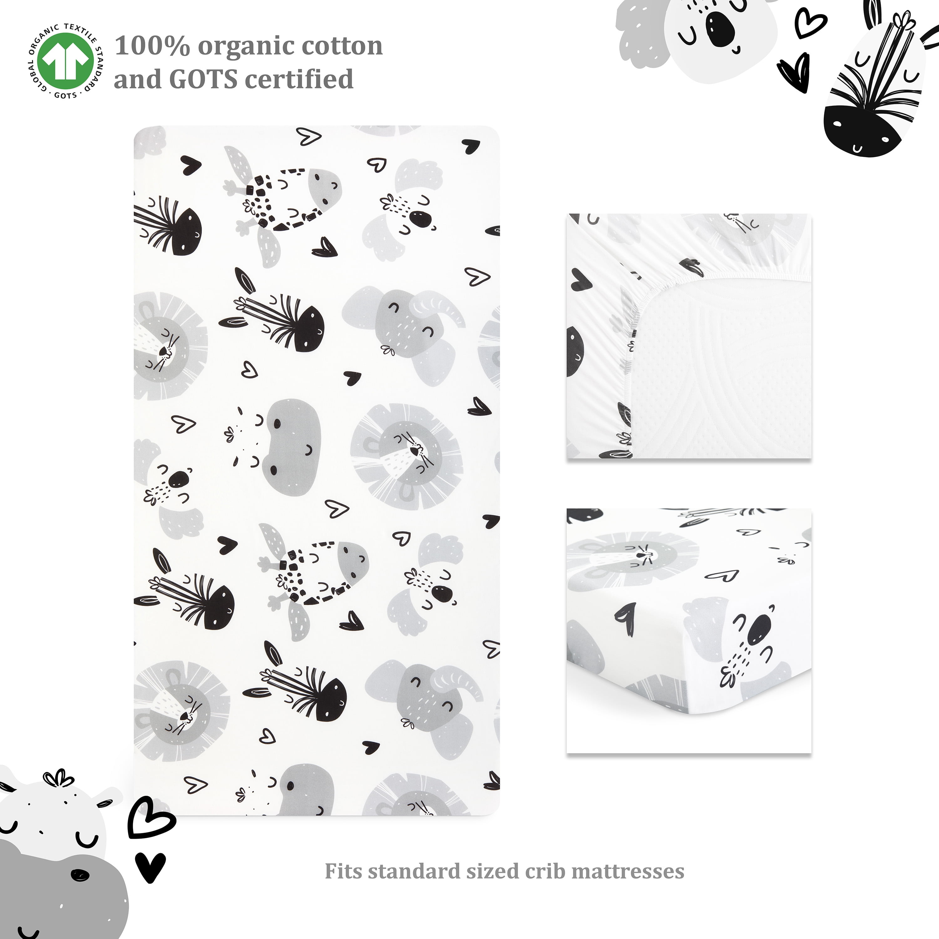 Evolur Zoo Love Collection 3pc Toddler Bed Set (Fitted Sheet, Comforter, Pillow Case) in Glacier Grey & Animal Print