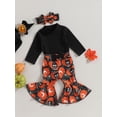 thumbnail image 4 of xiaxaixu Baby Girl Fall Outfits Solid Color Rib Knit Long Sleeve Rompers Pumpkin Print Flare Pants Headband 3Pcs Halloween Clothes Set, 4 of 9