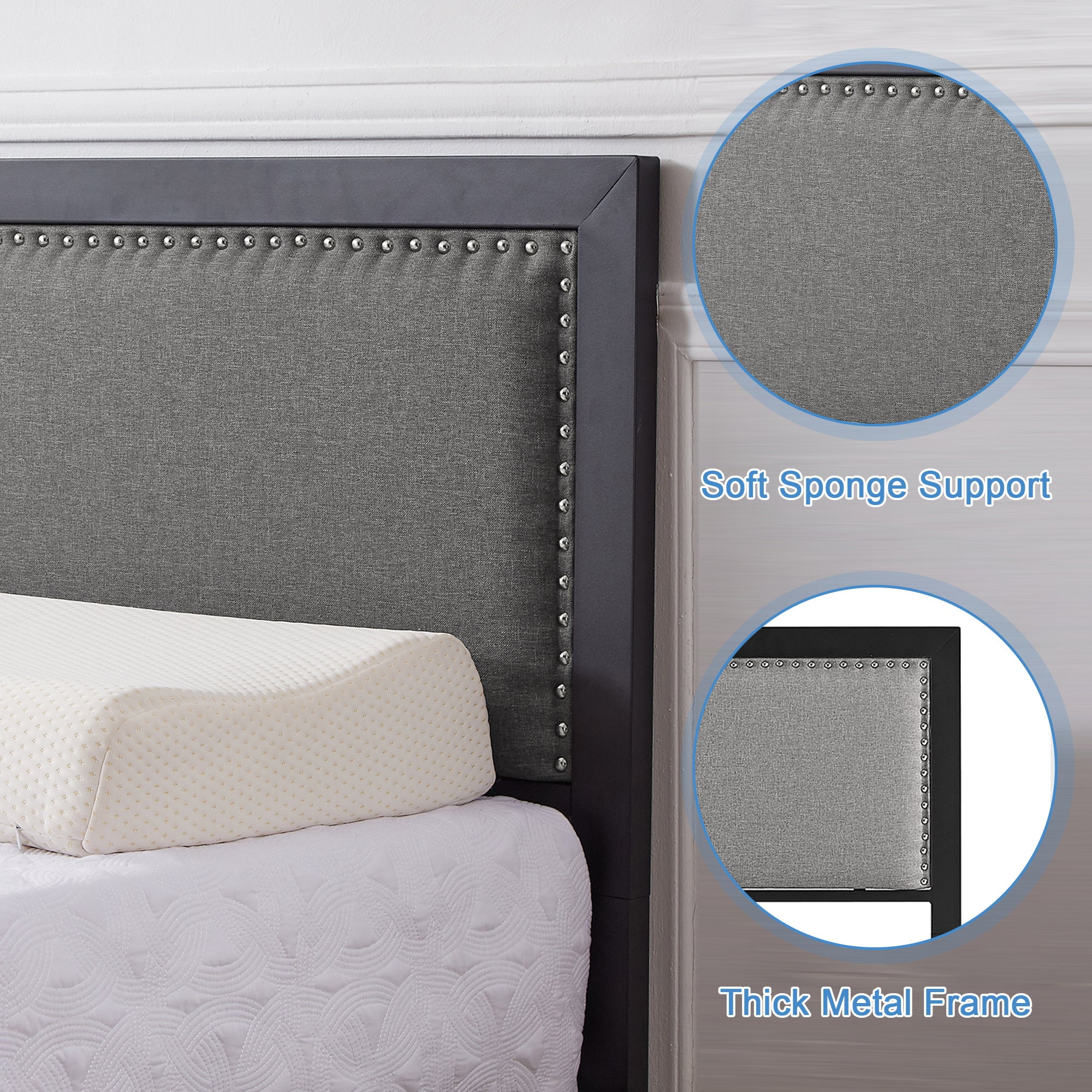 VECELO Twin Size Bed Frame Metal Platform Bed with Upholstered Headboard, No Box Spring Needed, Gray