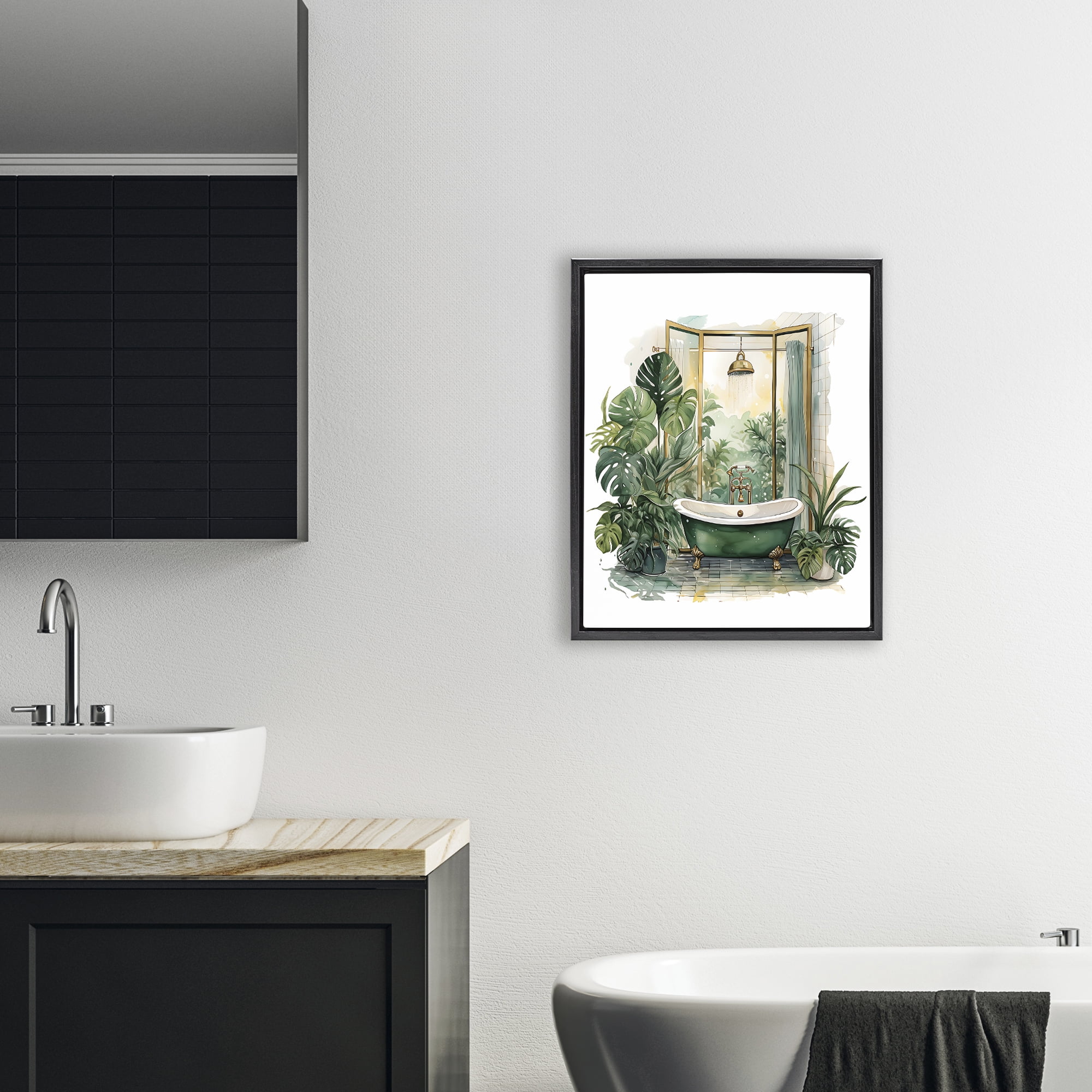 Bathtub in Tropical Oasis Black Framed Floater Canvas Wall Art, design by Lettered and Lined