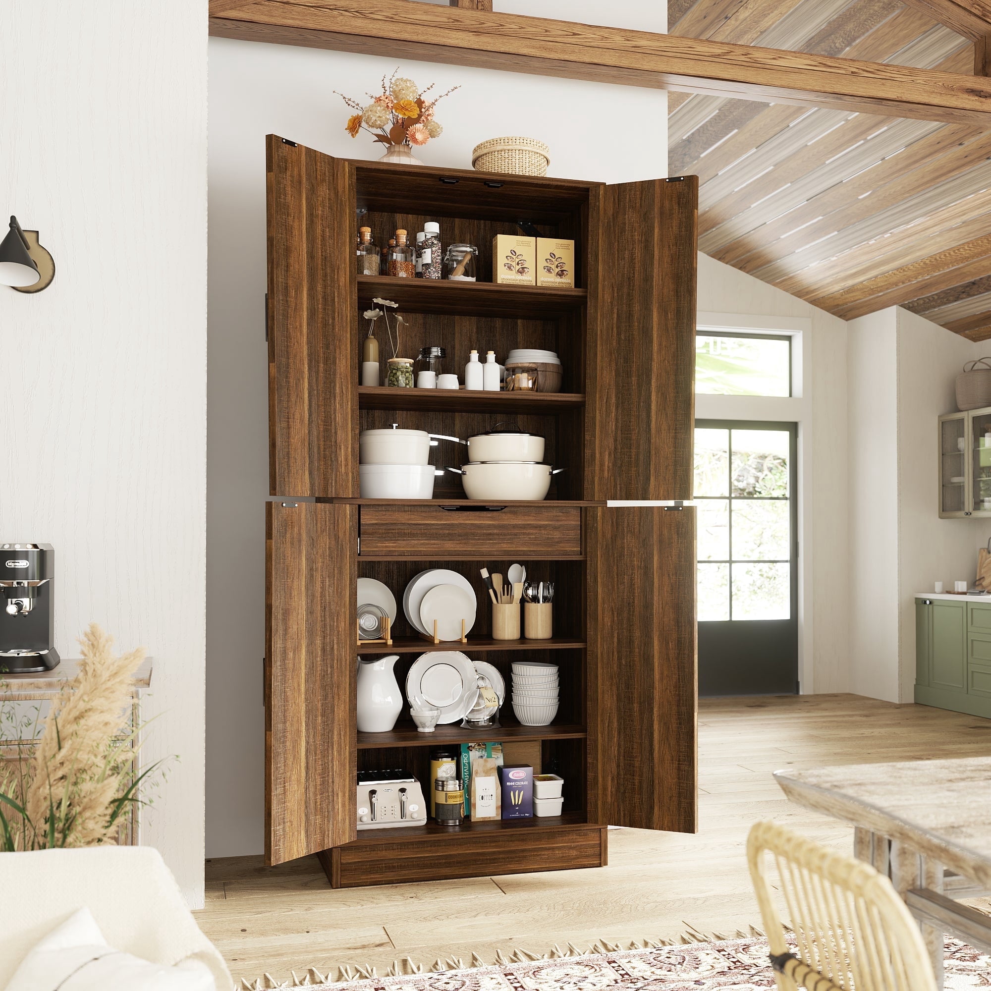 iSunirm 71" Tall Kitchen Pantry Storage Cabinet with Drawer, 4 Doors and 4 Adjustable Shelves, Freestanding Wood Farmhouse Pantry Cabinet for Kitchen, Dining Room, Pantry
