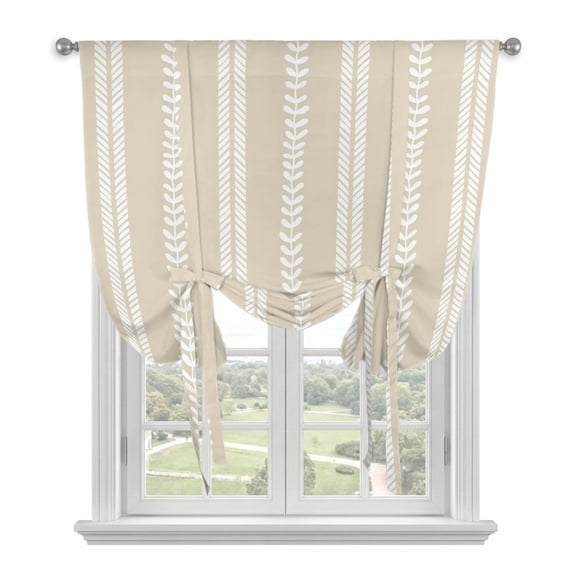 Boho Leaves Tie Up Curtains 45 Inches Long, Kitchen Window Curtains Over Sink, Retro Beige Abstract Modern Stripes Small Window Curtains Shade Balloon Curtains Valances for Bedroom/Cafe 34"x45"