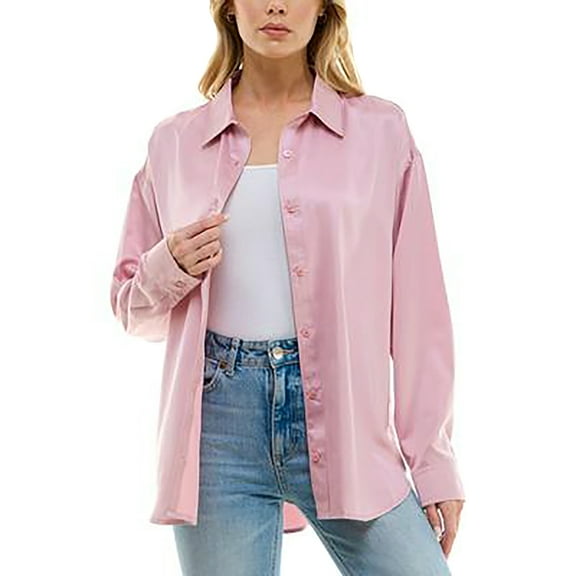 Juniors' Button-Front Satin Long-Sleeve Shirt  Zephyr XL