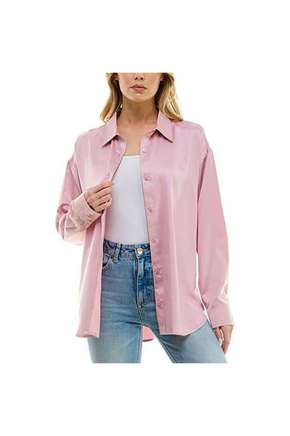 Juniors' Button-Front Satin Long-Sleeve Shirt  Zephyr XL