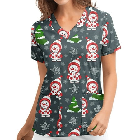 

Women Tops SUWHWEA Scrub Tops Women Short Sleeve V-neck Tops Christmas Printed Pockets Blouse on Clearance