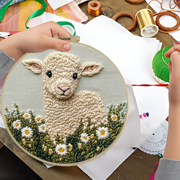 Qonioi Punch Needle Kit for Beginners, Complete DIY Embroidery Craft Set with Hoop Yarn Fabric, Lamb Embroidery Art Supplies for Adults Kids Home Decor Gift