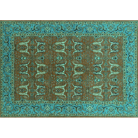Ahgly Company Machine Washable Indoor Rectangle Oriental Turquoise Blue Industrial Area Rugs, 8' x 10'