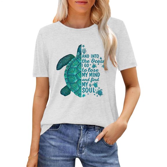 Ankishi Sea Turtle T Shirts Women Crew Neck Funny Summer T Shirts Fashion Loose Fit Clothes for Travel Vacation Beach