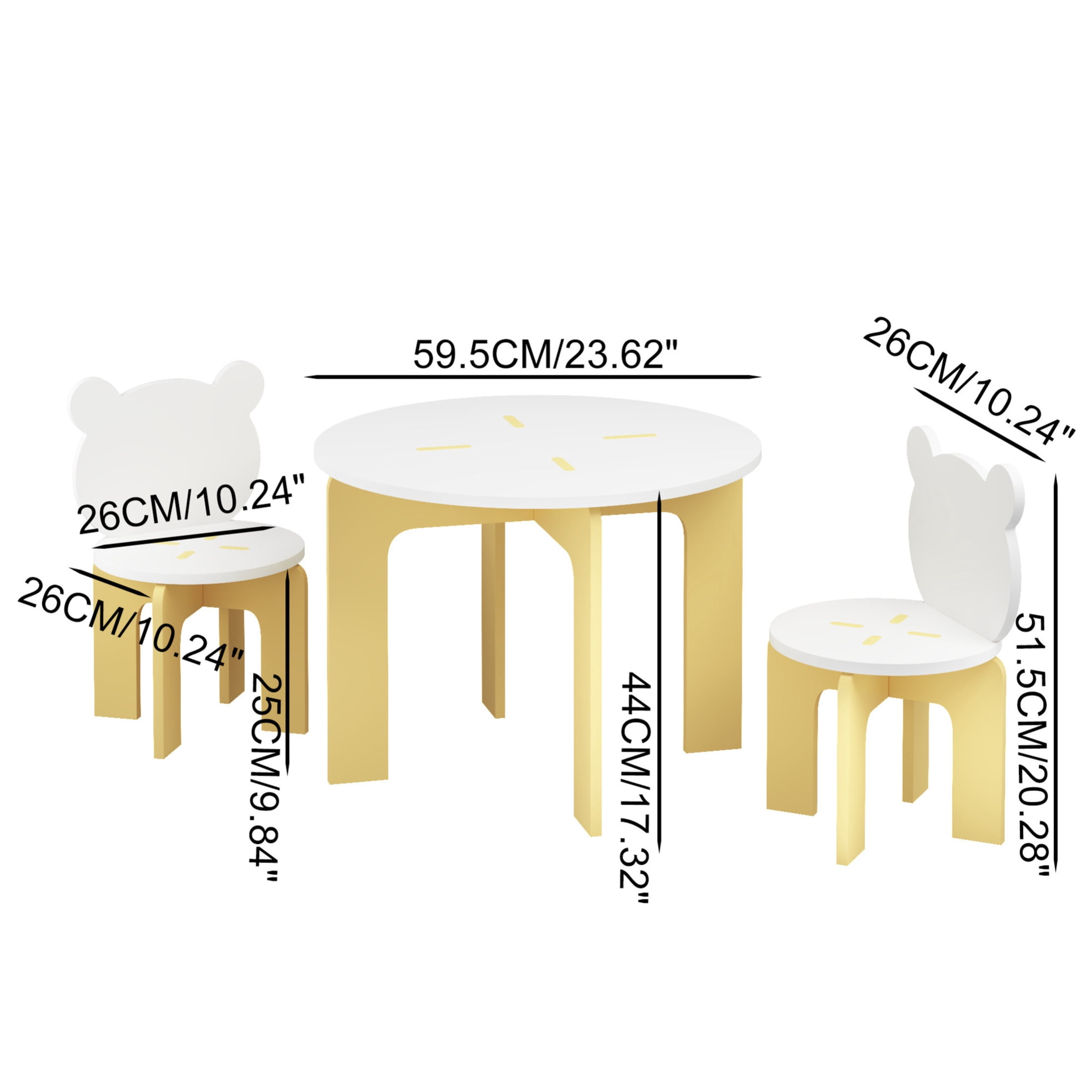 Noble House Kids Table and 2 Bear Chairs Set, 3-Piece Wooden Toddler Activity Table with Chairs, White and Yellow