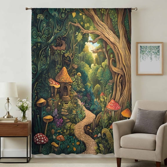 Forest Sheer Curtains 84 Inches Long, Vintage Cottage Mushroom Tree Floral Green Light Filering Curtains, Breathable Simi Curtain Privacy Drapes for Living Room Bedroom Lightweight Window Treatment