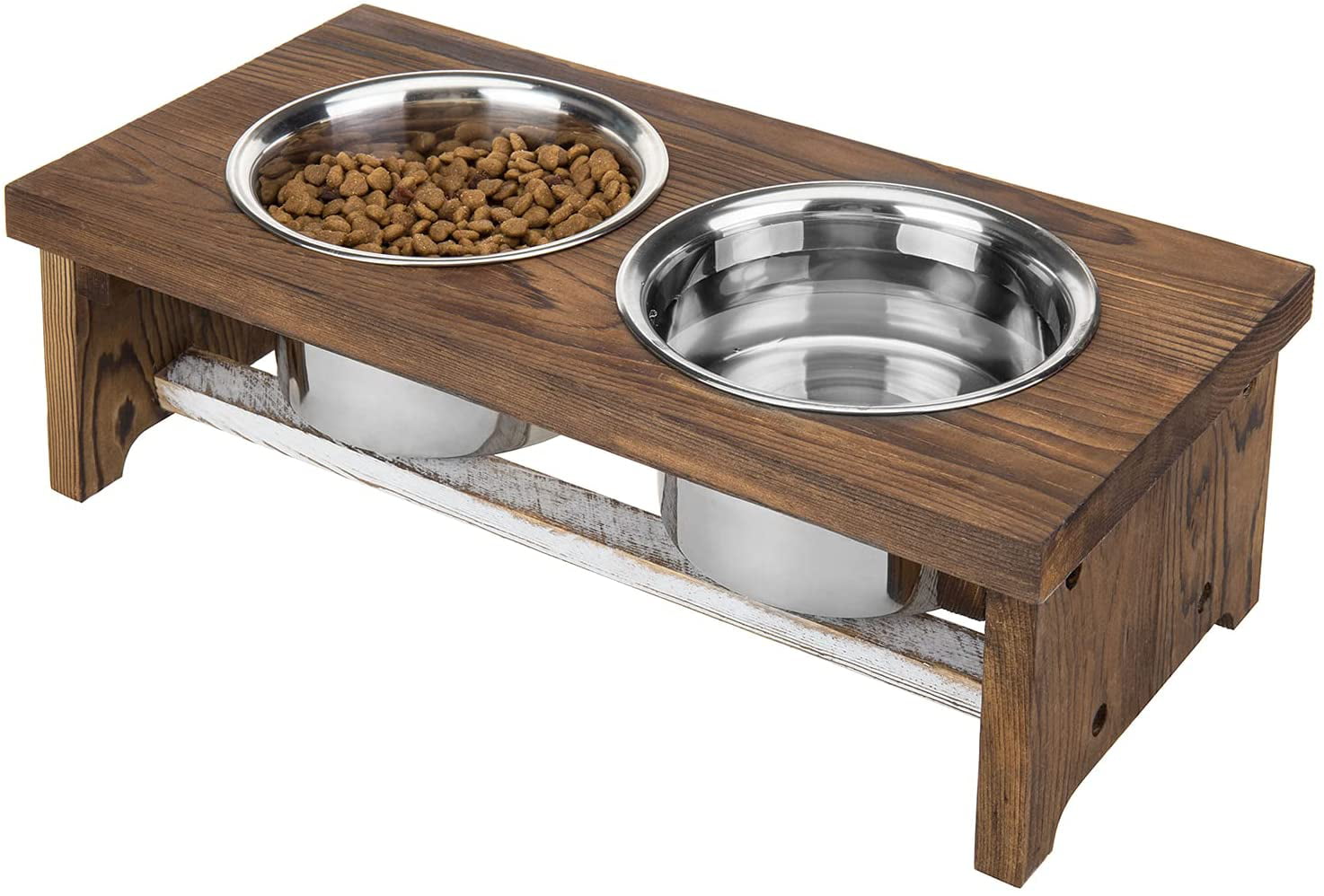 2 Removable Stainless Steel Bowls Industrial Burnt Wood and Black Metal Pipe Raised Pet Feeder