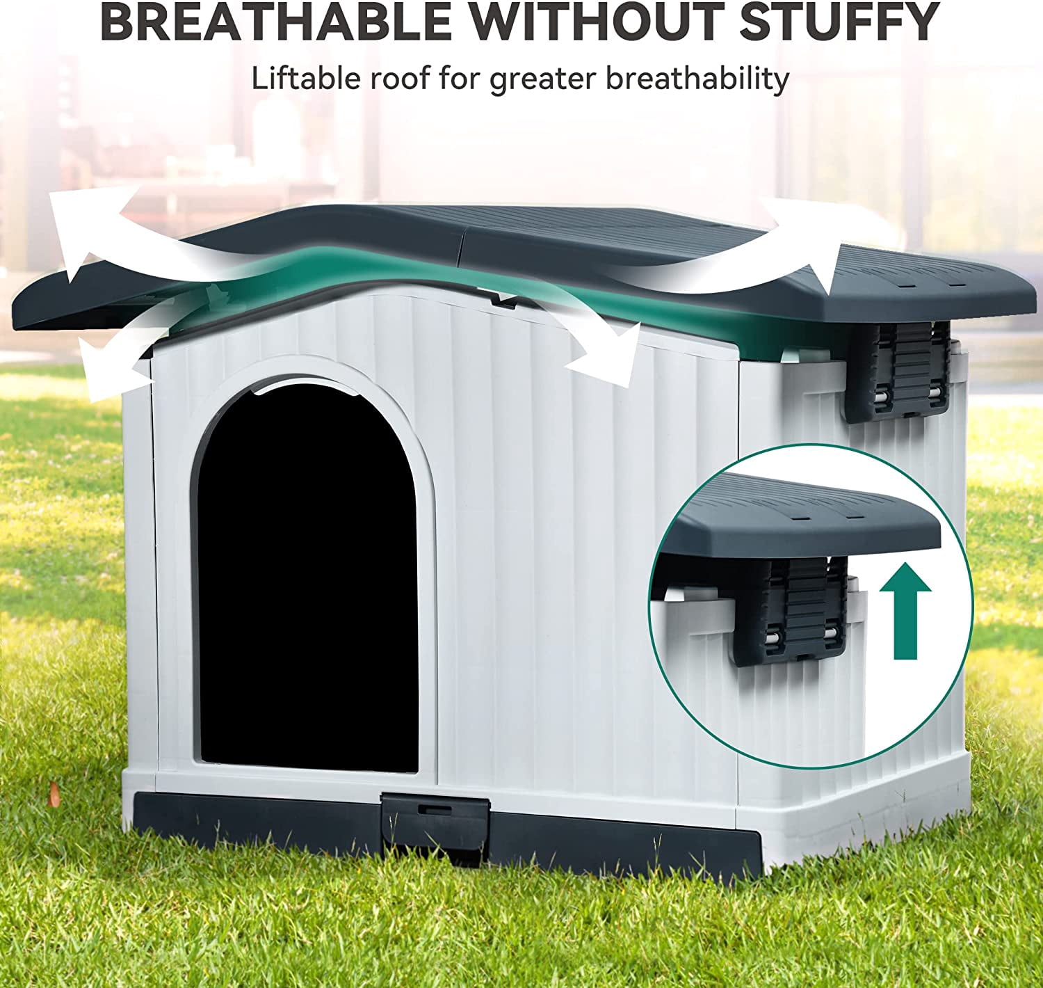 Dextrus Large Plastic Dog House with Liftable Roof, Indoor Outdoor Doghouse with Detachable Base and Adjustable Bar Window, Water Resistant Easy Assembly,34.6''L*29.1''W*24.2''H,Gray