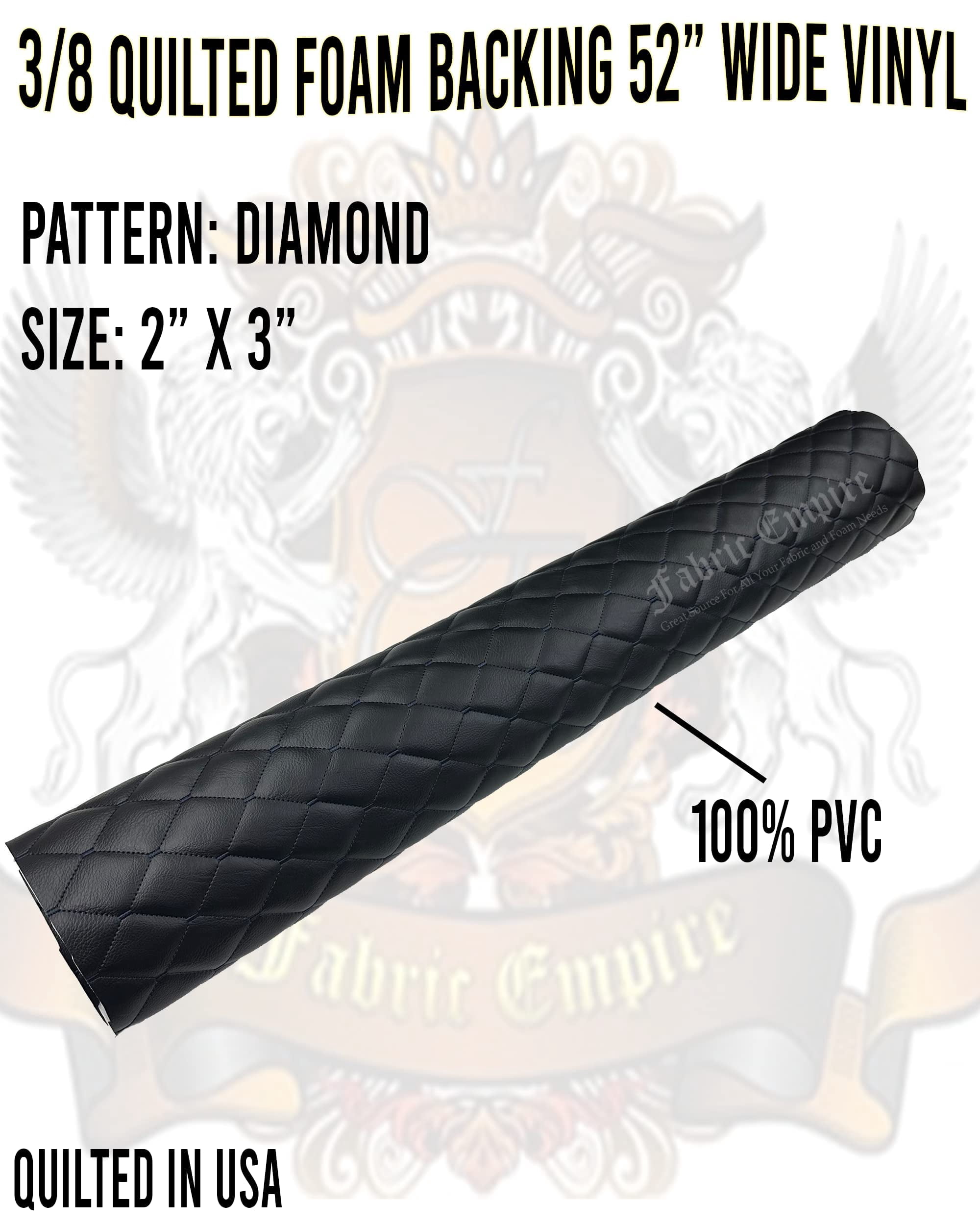 Vinyl Quilted Foam Fabric w 3/8" Foam Backing Upholstery / 52" Wide/Sold by Yard/ Waterproof Marine Vinyl, Headliner, Door Panels, Car Roof Replacement (Black w Hq Navy Thread Yarn, Diamond 2"x3")