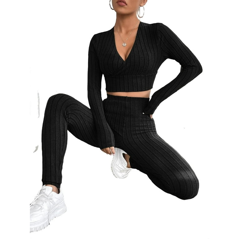 Casual Deep V Neck Long Sleeve Black Womens Crop Top & Leggings Set  (Women's) 