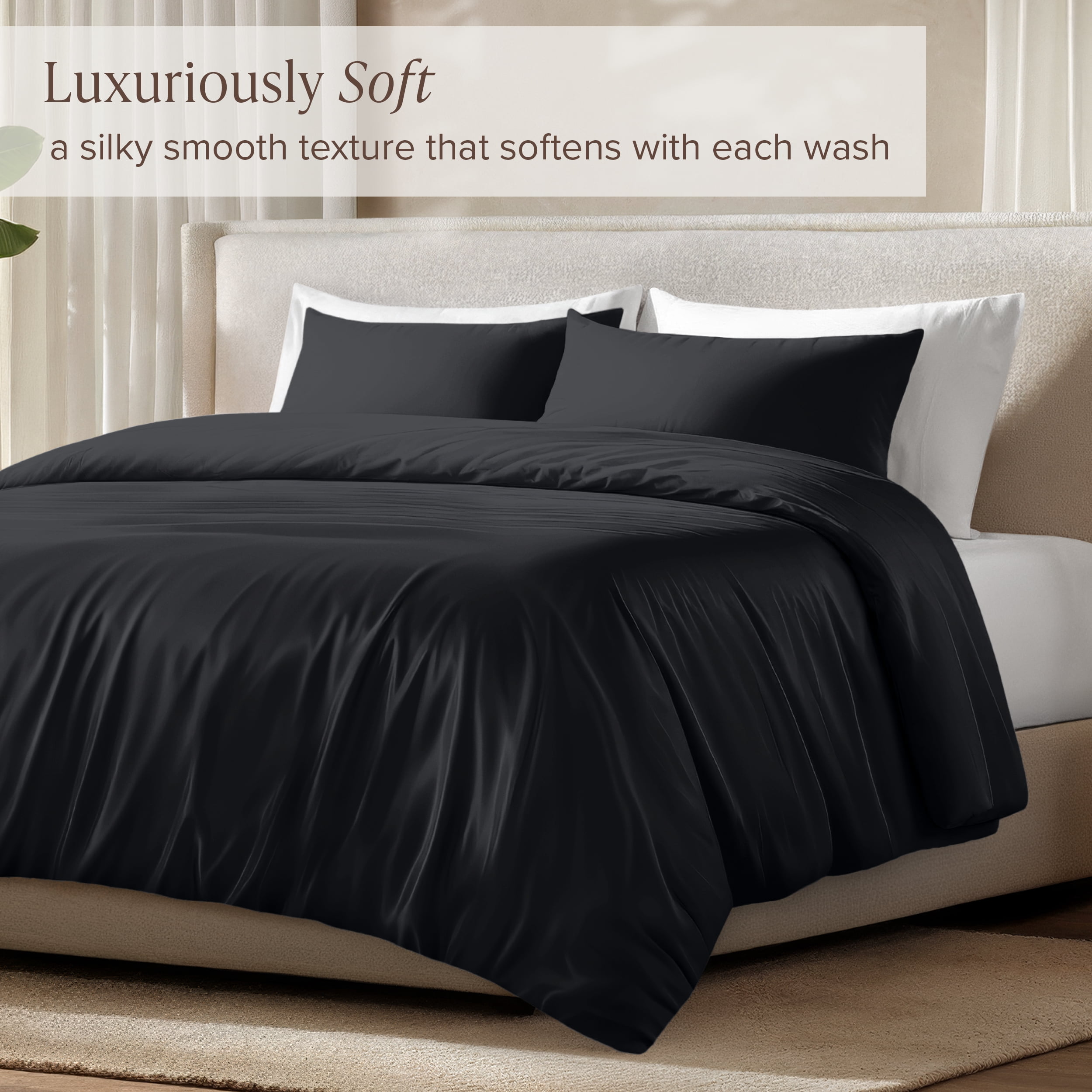 Bare Home Bamboo 3-Piece Duvet Cover Set - Made from Rayon Fibers - Soft, Cooling & Breathable - California King,Black
