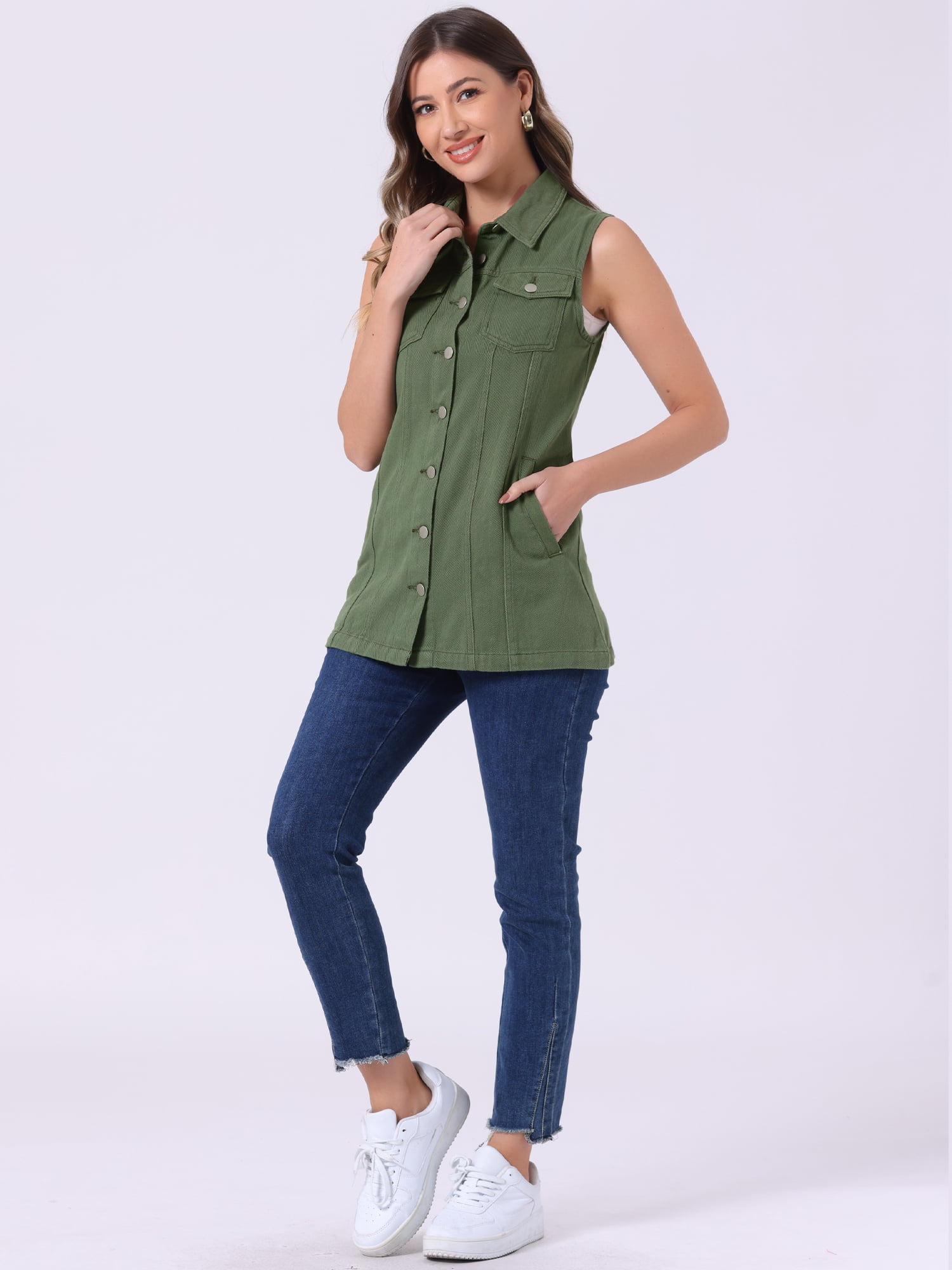 DARING DIVA Women's Button Down Sleeveless Pockets Mid-Long Denim Vest S Army Green