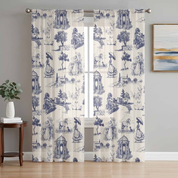 Farmhouse Country Sheer Curtains 63 Inch Length 2 Panels Set, Vintage Blue French Garden Horse Swan Voile Window Treatment Rod Pocket Curtains Sheers Drapes for Bedroom/Living Room/Kitchen 52x"63"x2