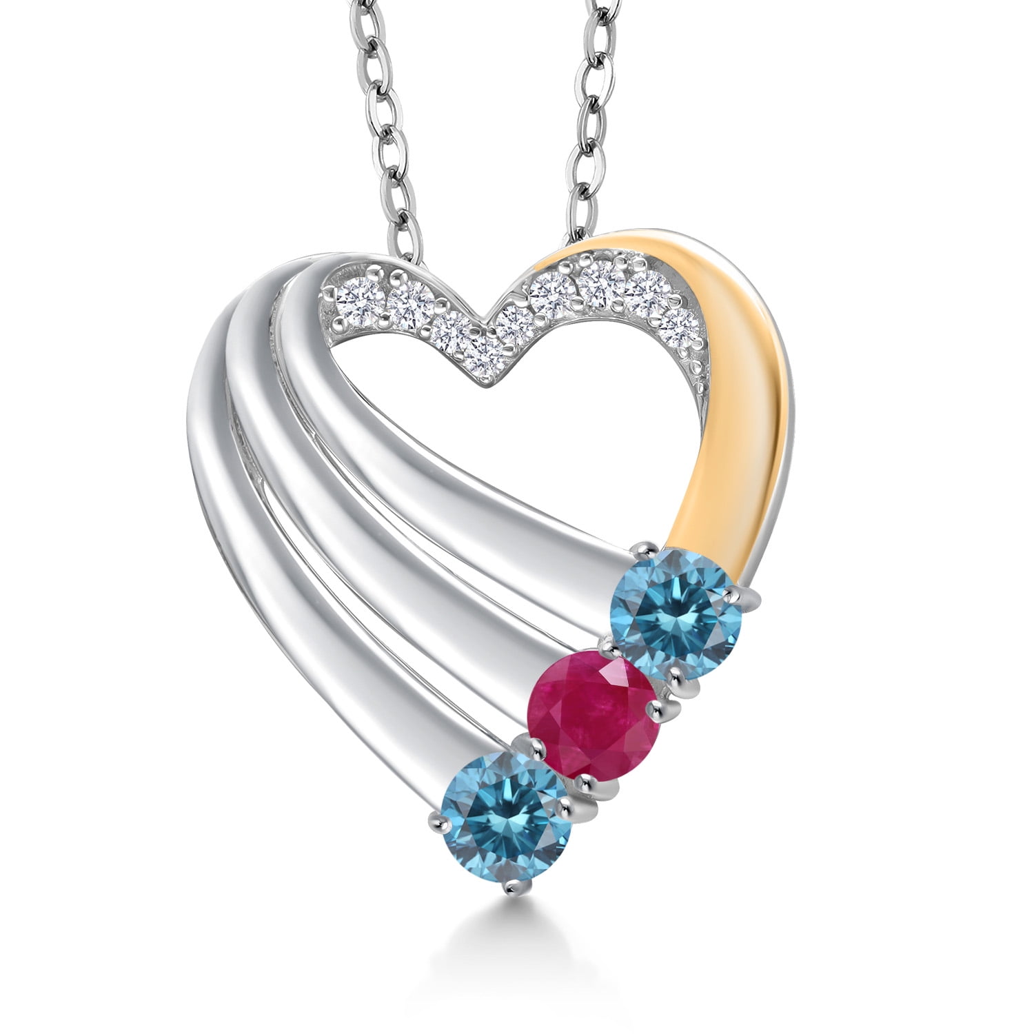 925 Silver and 10K Yellow Gold Blue Lab Grown Diamond and Red Ruby and Lab Grown Diamond Pendant Necklace for Women | 0.89 Cttw | Gemstone April Birthstone | Round 4MM | With 18 inch Silver Chain