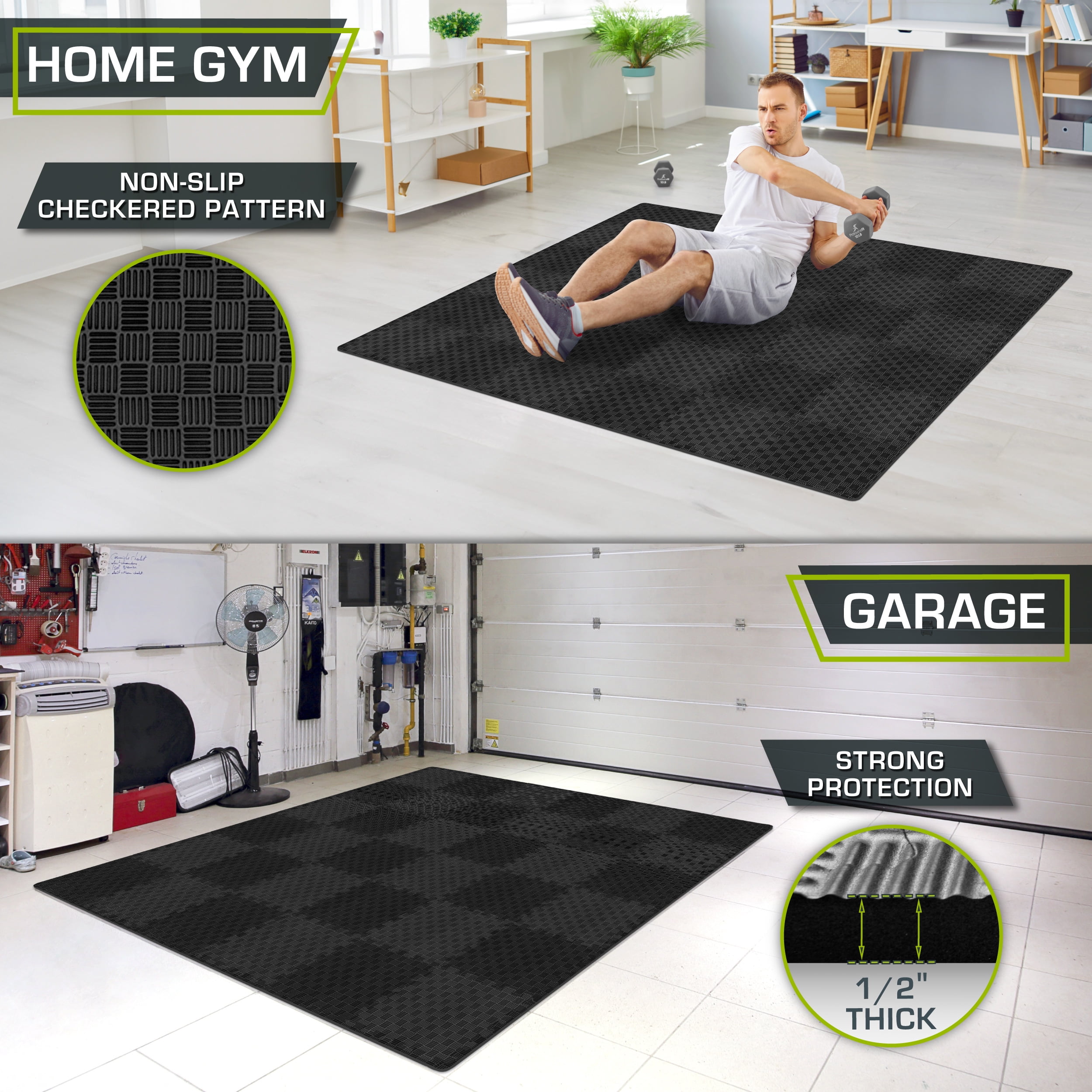 Prosourcefit Checkered Puzzle Exercise Mat 12 x 12 1/2-in, Black, 36 sq ft - 36 Tiles, Pack of 1