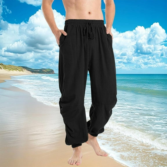 Mens and Big Men's Mens Pants Elastic Waist Breathable Comfortable Soft Beach Casual Trousers Full Length Pants With Stretch Men's Trousers