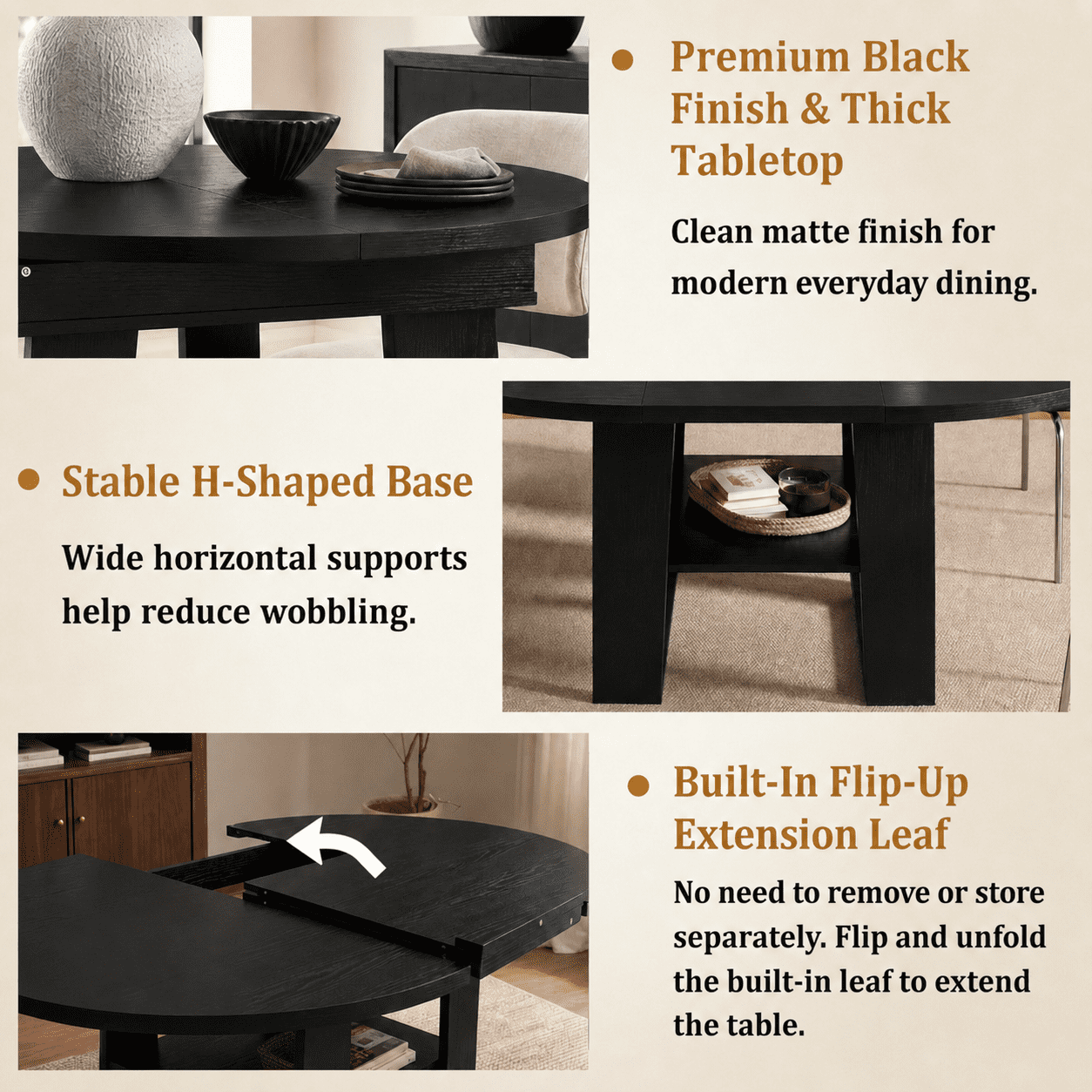 Extendable Round Dining Table 43.3-59 Inch, Round to Oval Kitchen Table with Flip Up Extension Leaf and Storage Shelf, Black