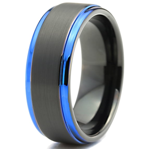 P. Manoukian Tungsten Wedding Band Ring 8mm for Men Women Black Blue Stepped Edge Brushed Lifetime Guarantee Size 9.5