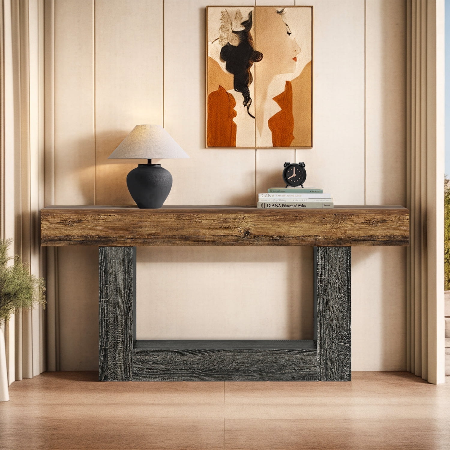 Demi Bonn 63" Wood Console Table, Farmhouse 2-Tier Sofa Table Entryway Table, Foyer Display Table, Brown + Gray