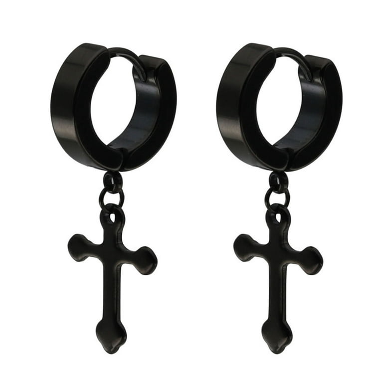 Thunaraz 25 Pcs Clip on Earrings for Men Stainless Steel Cross Chain Dangle  Earrings Black Fake Earrings for Men Women Non Pierced Huggie Hoop