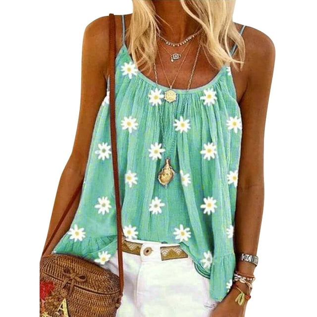 Bellella Femmes Gilet Col Rond Débardeurs Sans Manches T-Shirts Lâches Imprimé Marguerite Blouse d'Été Vert M