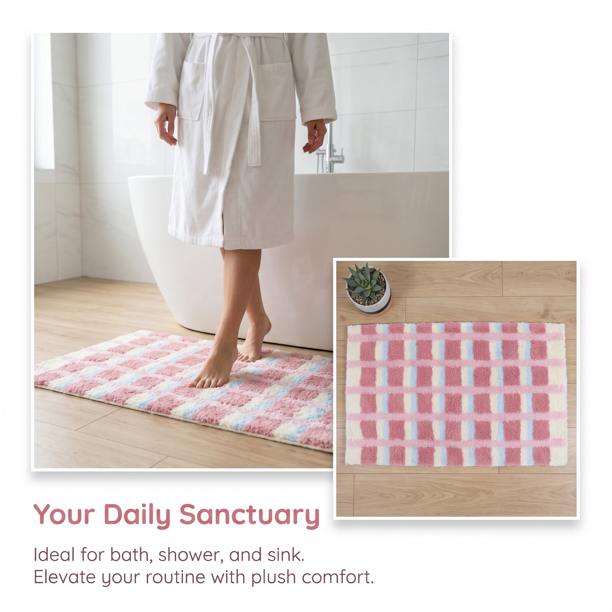 Unique Bargains Absorbent Plush Non-Slip Washable Checkered Rug Pink 24" x 16"