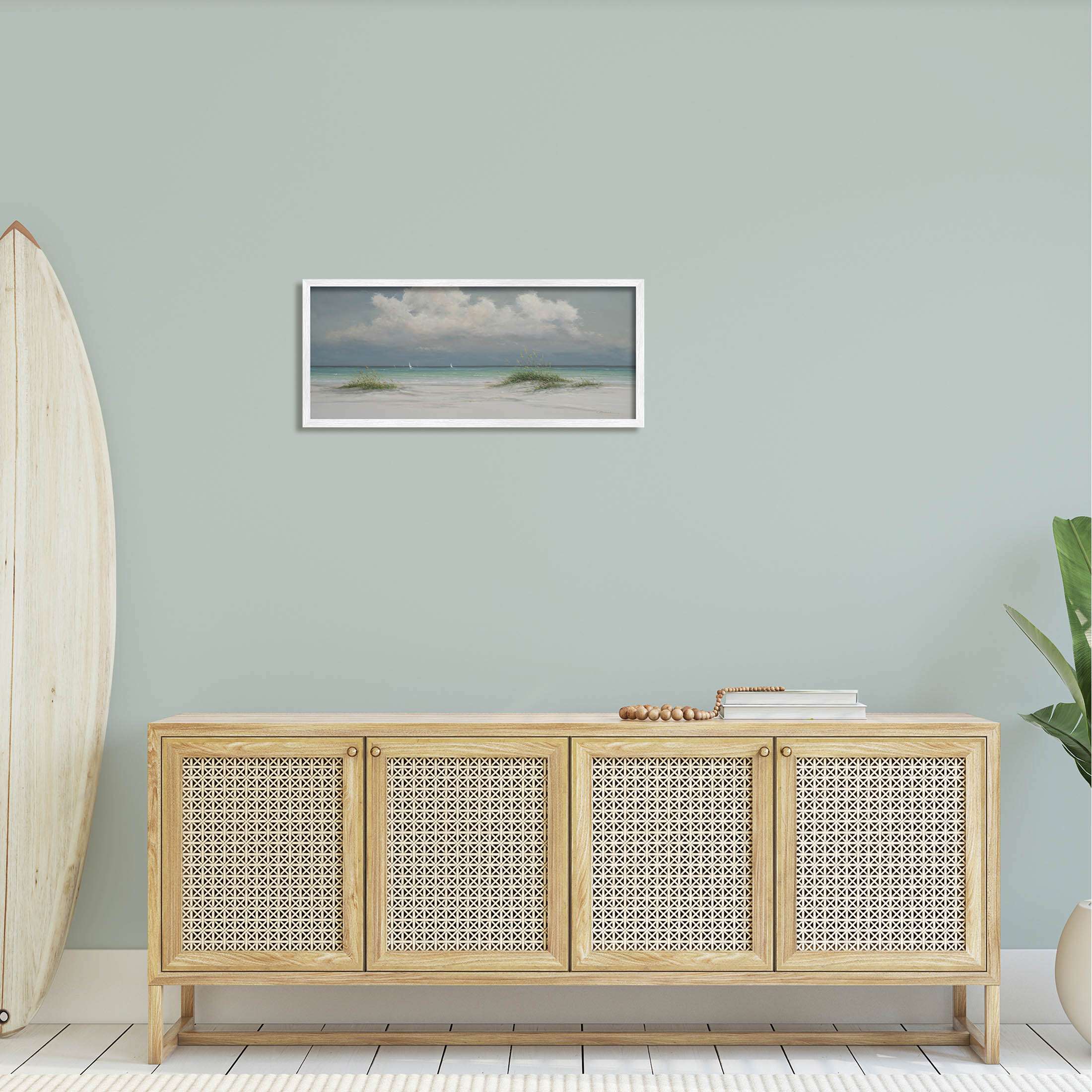 Puffy Clouds Beach Sailboats Coastal Painting White Framed Art Print Wall Art