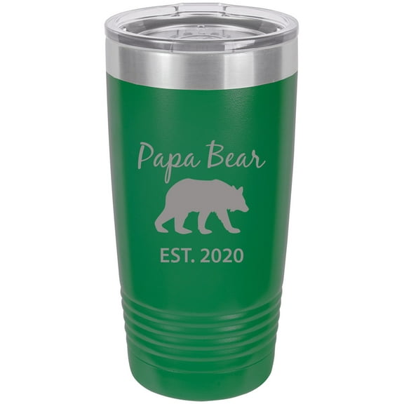 Papa Bear Established Est. 2020  Established Est. 2019  Stainless Steel Engraved Insulated Tumbler 20 Oz Travel Coffee Mug, Green