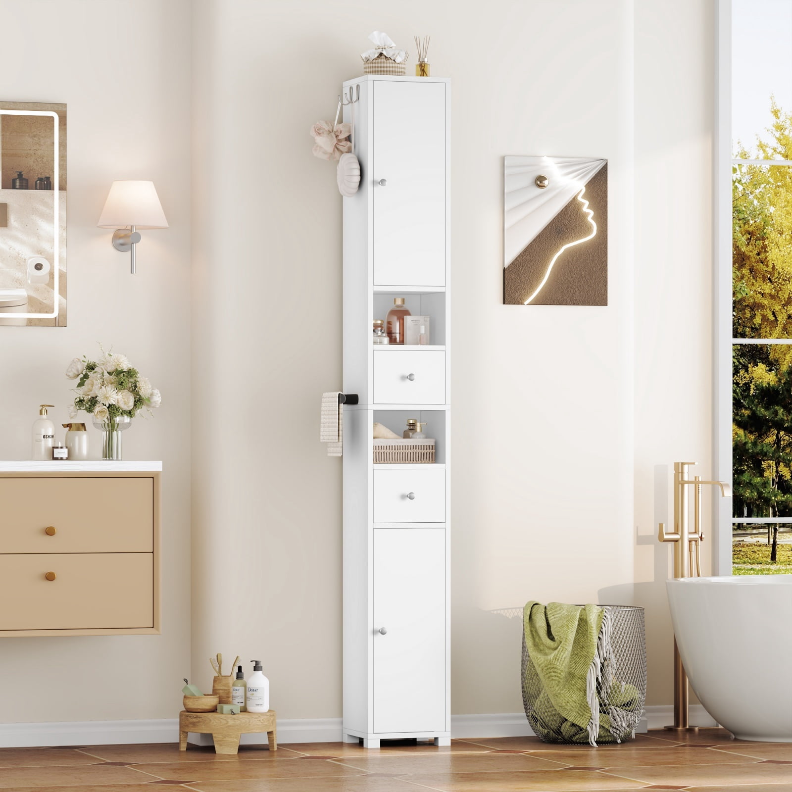 Homfa 71" Tall Bathroom Storage Cabinet with Adjustable Shelves, 2 Doors & Drawers Bathroom Storage Tower with Hooks & Paper Towel Holder, Freestanding Narrow Cabinet for Small Spaces, White