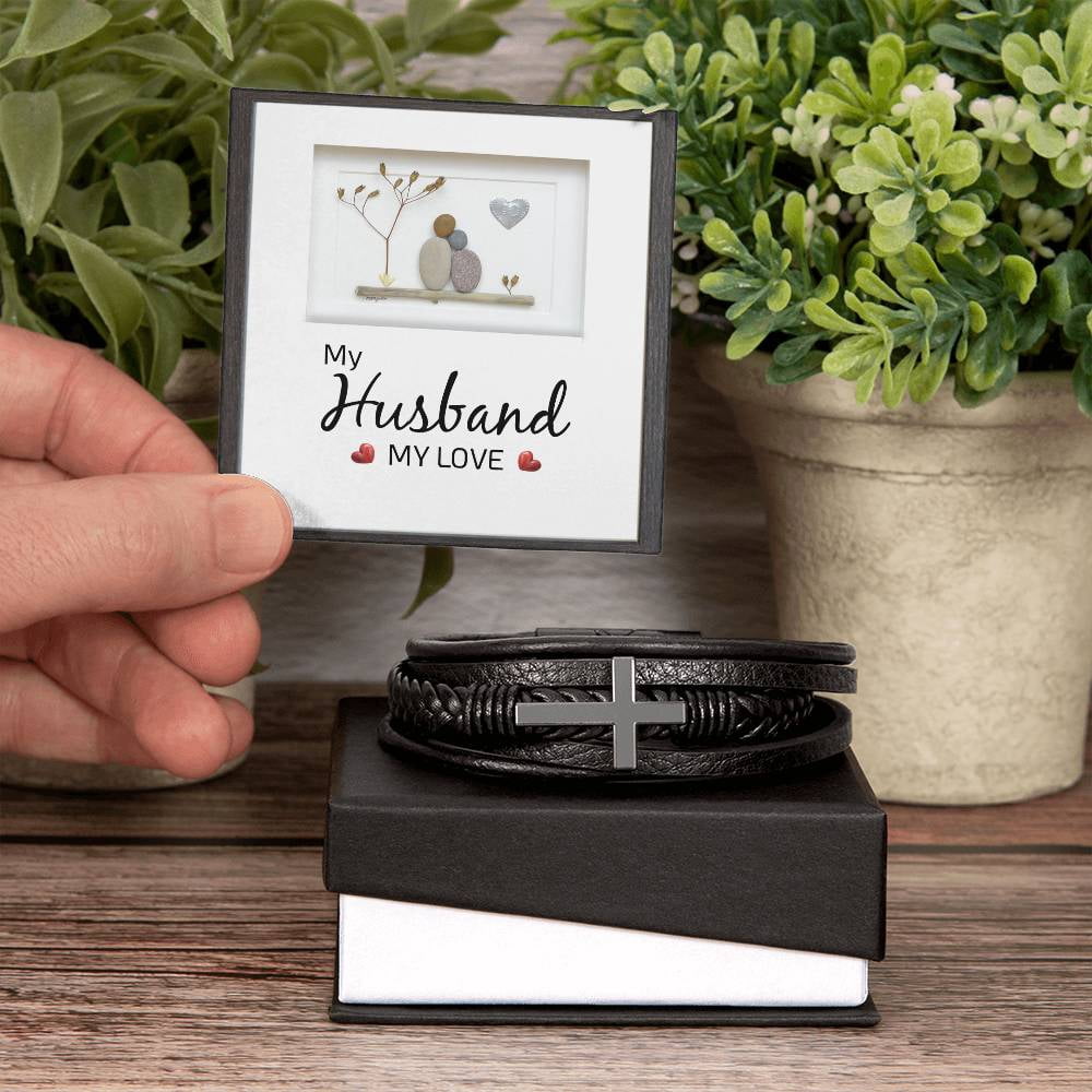 My Husband My Love Men's Cross Bracelet - Vegan Leather with Stainless Steel
