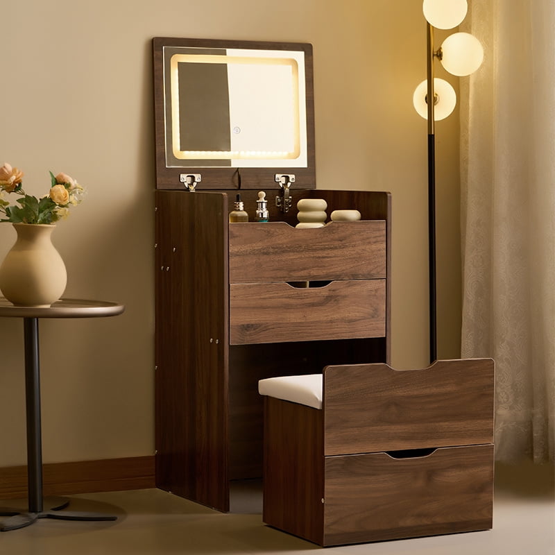3 in 1 Vanity Desk with Flip Top Mirror, Small Make Up Vanity Set with Visible Glass Desktop, Compact Makeup Vanity with 3 Drawers, Cushioned Tool, Dressing Table for Bedroom