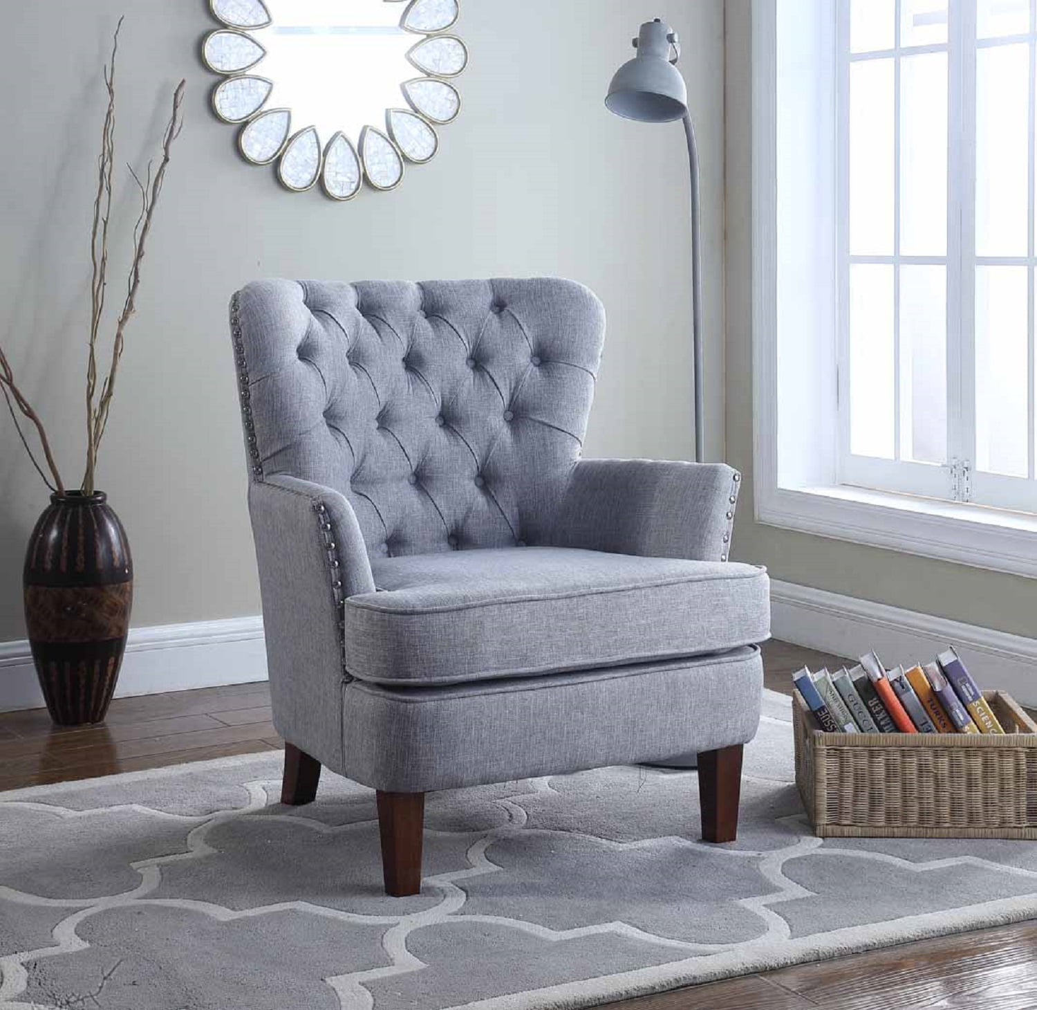 Button Tufted Accent Chair with Nailhead, Gray Color - Walmart.com