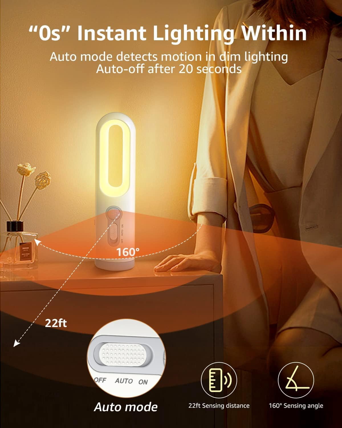 CATPAN Rechargeable Motion Sensor Night Light 2-in-1 Portable LED Night Light Flashlight with Dusk to Dawn Sensor for Bedroom, Bathroom, Baby Nursery, Toilet, Reading, Camping(Warm White, 2 Pack)