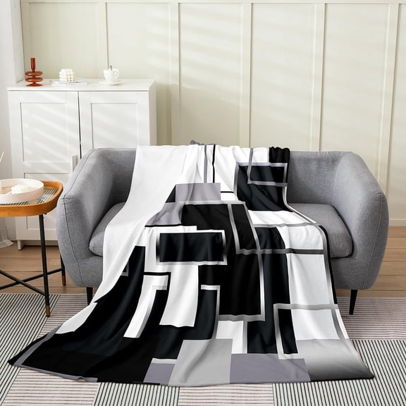 Black And White Geometric Throw Blanket Modern Abstract Soft Cozy Fleece Blanket For Sofa Couch Bed