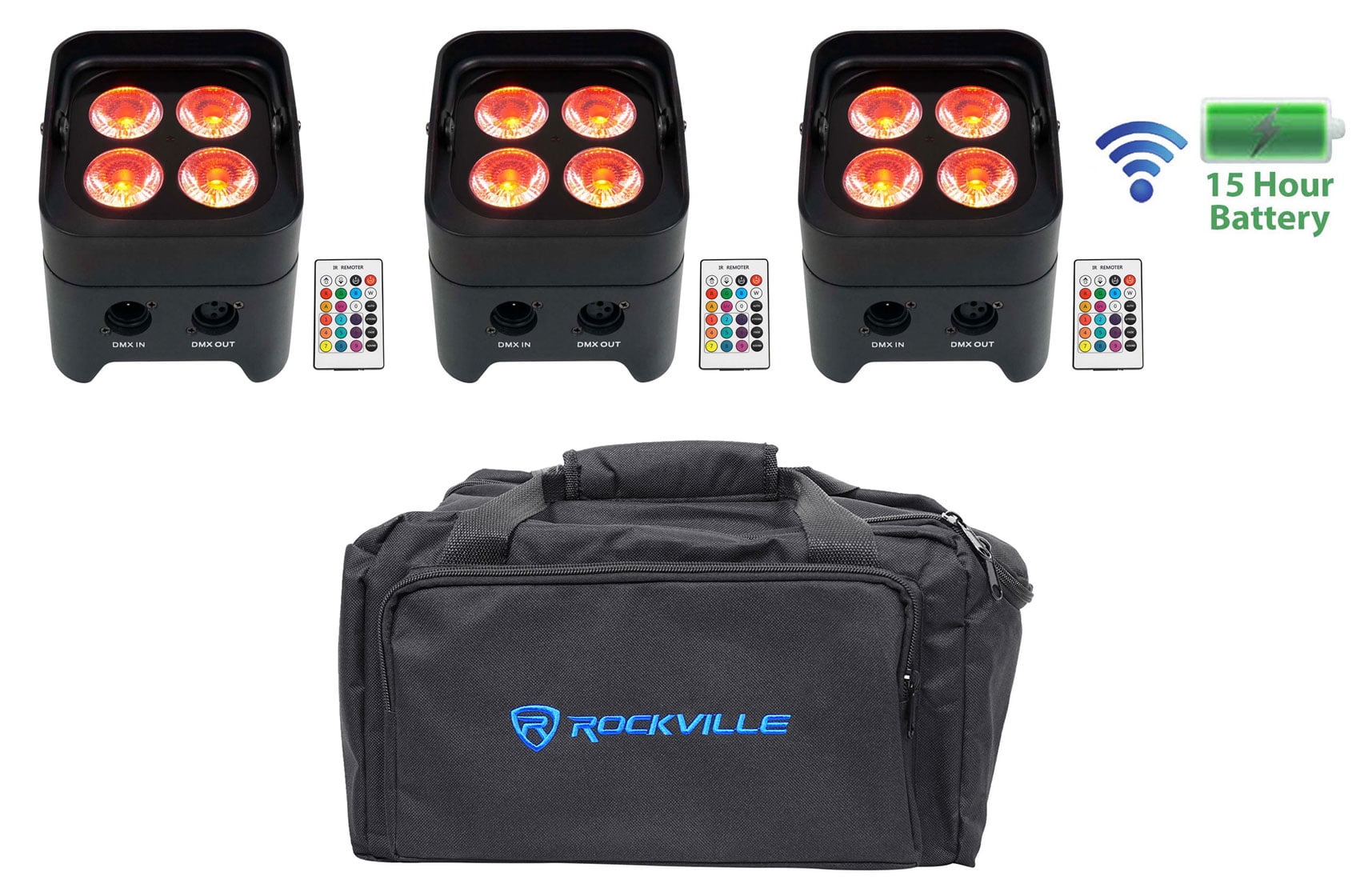 (3) Rockville BEST PAR 50 Rechargeable Par Wash Lights Wireless DMX