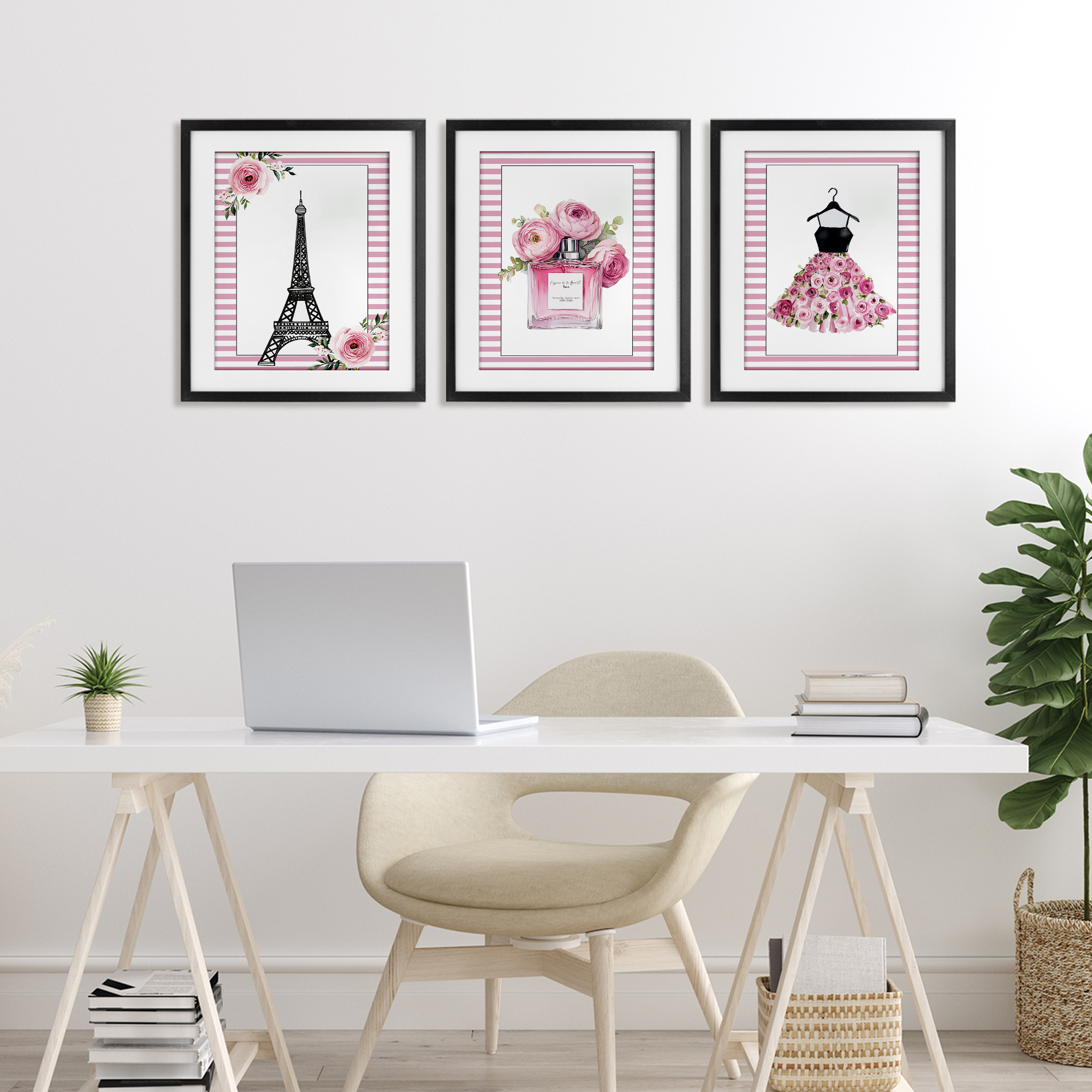 Parisian Glam with Stripes 3 Piece Black Framed Print Under Glass Set, design by Christine Simpson Art