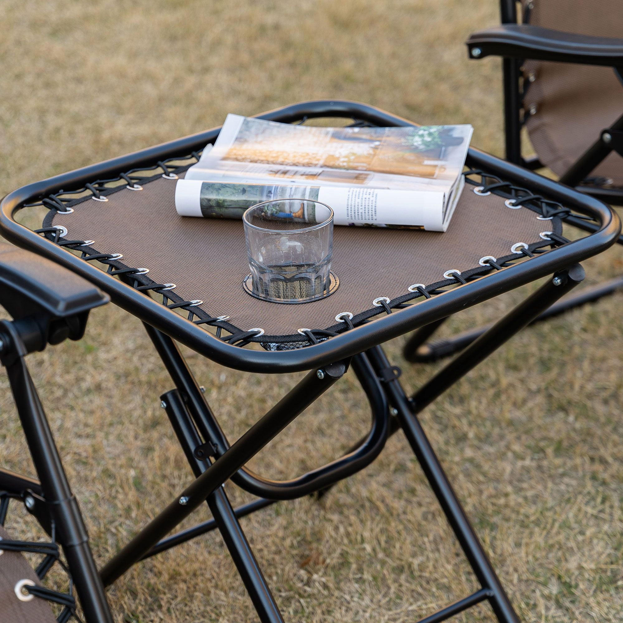Zero Gravity Chair Set, 3 Piece Recliner with Side Table Cup Holder Headrest Brown Poolside Camping