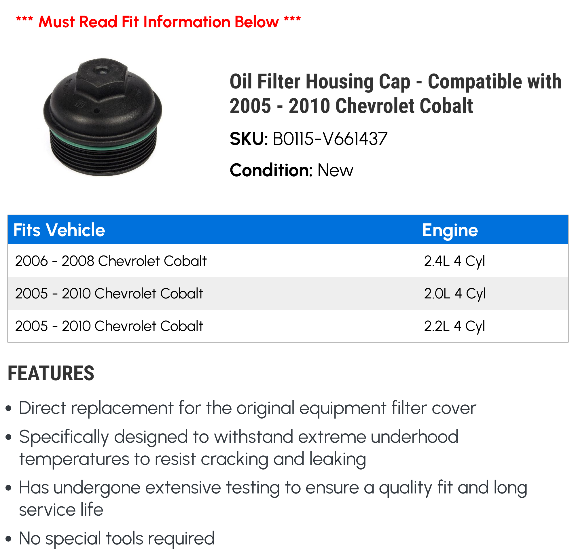 Oil Filter Housing Cap - Compatible with 2005 - 2010 Chevrolet Cobalt - Dorman
