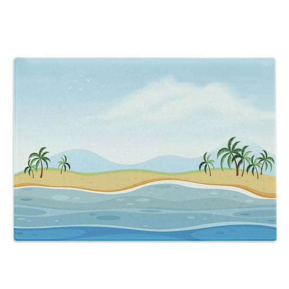 Graphic Beach Cutting Board, Landscape Illustration with Rippling Ocean and Palm Trees Panorama, Decorative Tempered Glass Cutting and Serving Board, in 3 Sizes, by Ambesonne