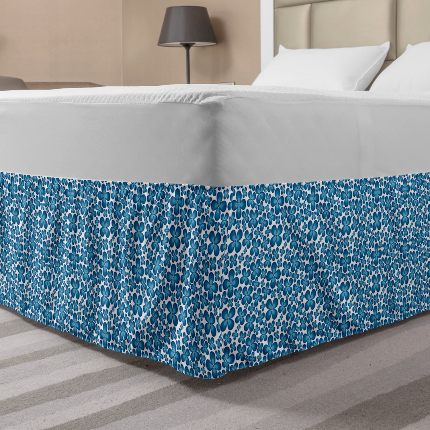 Floral Bed Skirt, Top View Setting of 4 Petal Summer Flowers on a Plain