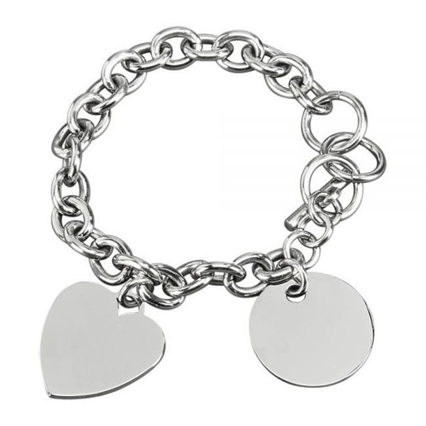 Creative Gifts International 002614 Bracelet à Breloques en Acier Inoxydable de 8 Po avec Breloques Coeur et Disque - Argent