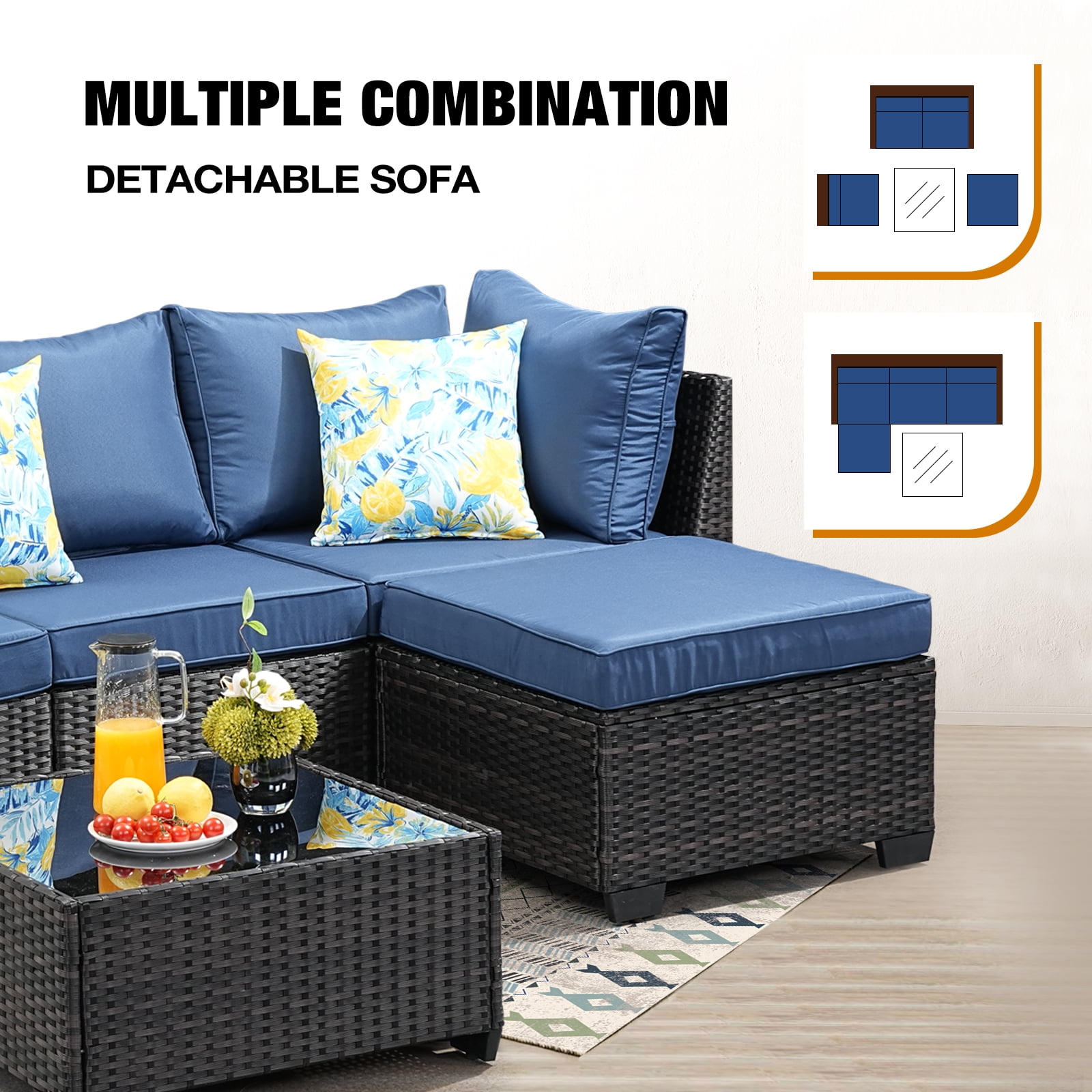 JOYURE 5 Pieces Patio Furniture set All-Weather Outdoor Wicker Sectional Conversation Sofa Rattan patio seating sofa with cushion and Glass Table and Ottoman for Porch Poolside,Navy