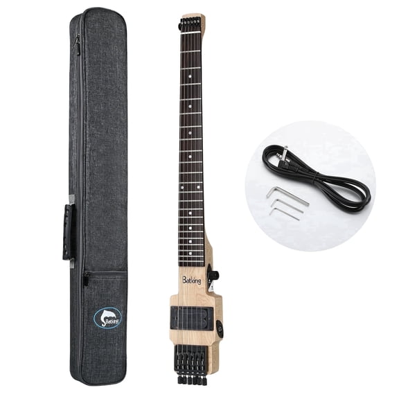 Batking Electric Guitar Headless Travel Guitar For Adults 6 Strings One-Piece Canada Maple Neck Through Body Design Guitarra Electrica Brass Fix Bridge Natural Finish with Gigbag 28.74 Inch