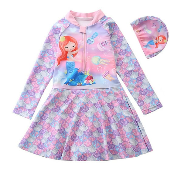 URMAGIC URMAIC Girls Long Sleeve Rash Guard One Piece Mermaid Swimdress w/Cap Swimsuit,3-9T
